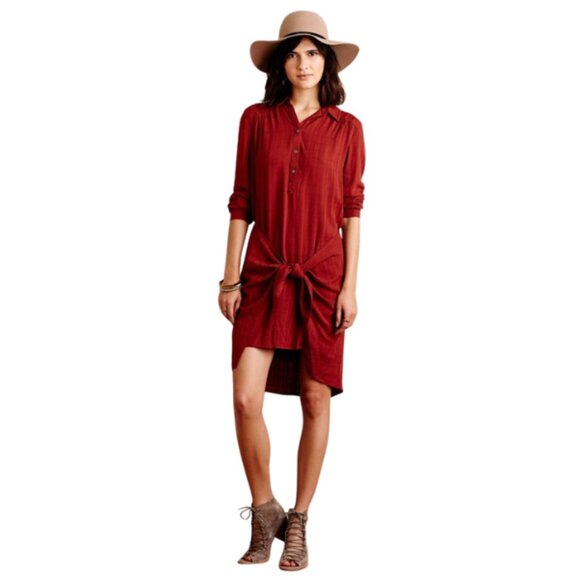 Mave Anthrologie Women Size 12 Bloomsbury Tie Shirt Dress Midi Chic Fall Fashion - Picture 1 of 13